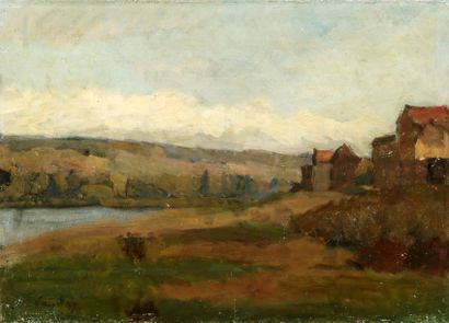 Abel LAUVRAY (1870-1950). Maisons au bord de l'eau. Huile sur toile, signée en bas...