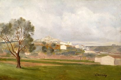 Abel LAUVRAY (1870-1950). Village sur la colline. Huile sur panneau, signée en bas...