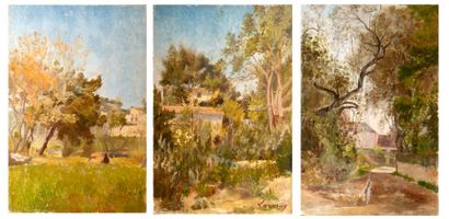 Abel LAUVRAY (1870-1950). Les abords de la propriété. Trois huiles sur panneau, deux...
