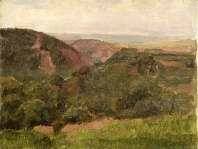 Abel LAUVRAY (1870-1950). Paysage montagneux. Huile sur panneau, signée en bas à...
