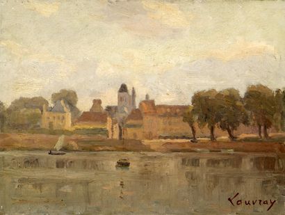 Abel LAUVRAY (1870-1950). Vétheuil, vu du bateau atelier de Monet, vers 1900. Huile...