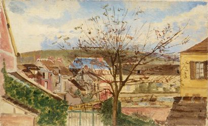 Abel LAUVRAY (1870-1950). Automne sur les toits. Huile sur toile. 20 x 32,5 cm.