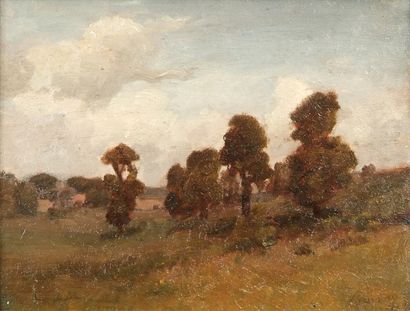 Abel LAUVRAY (1870-1950). Les arbres près d'un hameau. Huile sur panneau, signée...