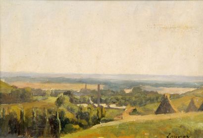 Abel LAUVRAY (1870-1950). Paysage aux peupliers. Huile sur papier marouflé sur toile,...