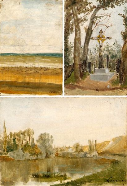 Abel LAUVRAY (1870-1950). Calvaire, bord de rivière, la mer. Trois huiles sur toile,...