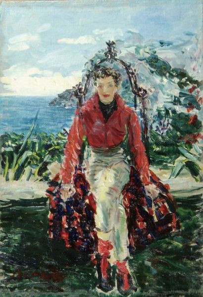 Dimitri de BEREA (1908-1975). Jeune femme assise. Huile sur toile, signée en bas...