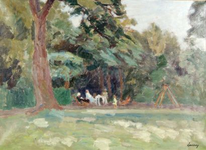 Abel LAUVRAY (1870-1950). Déjeuner sur l'herbe. Huile sur papier marouflé sur toile,...