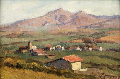 Abel LAUVRAY (1870-1950). Village dans la montagne. Huile sur panneau, signée en...
