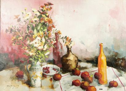 Jean-Pierre DAUBIN (né en 1942). Nature morte au fond rose, 1972. Huile sur toile,...