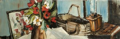 Jean-Pierre DAUBIN (né en 1942). Fleurs au panier et à la lampe, 1977. Huile sur...