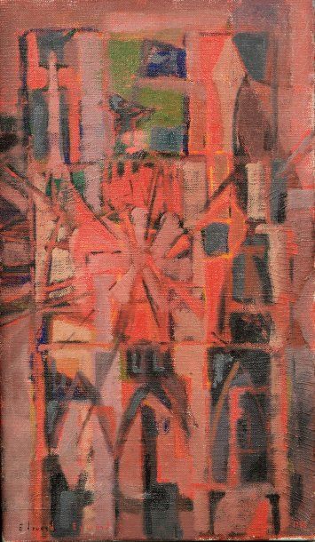 Edouard EYMARD (né en 1924). Composition fond rouge. Huile sur toile. Signée en bas...