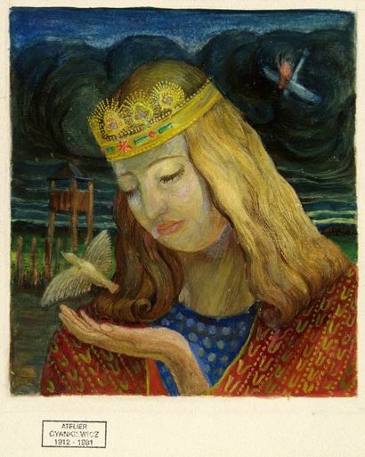 Zladislaw CYANKIEWICZ dit CYAN (1912-1981). La princesse à l'oiseau. Huile sur papier....
