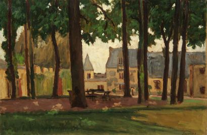 Abel LAUVRAY (1870-1950). La place du village. Huile sur papier marouflé sur toile,...