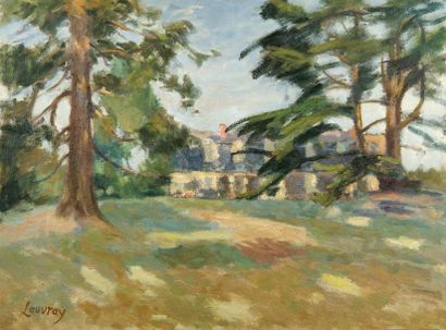 Abel LAUVRAY (1870-1950). La propriété du peintre en Touraine. Huile sur papier marouflé...