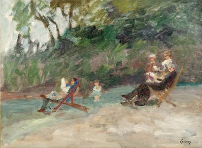 Abel LAUVRAY (1870-1950). Au bord du lac. Huile sur papier marouflé sur toile, signée...