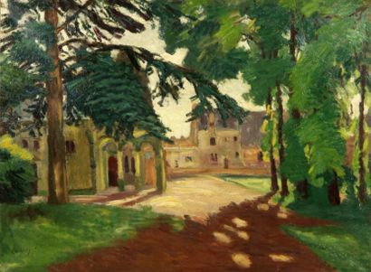 Abel LAUVRAY (1870-1950). Propriété en Touraine. Huile sur papier marouflé sur toile,...
