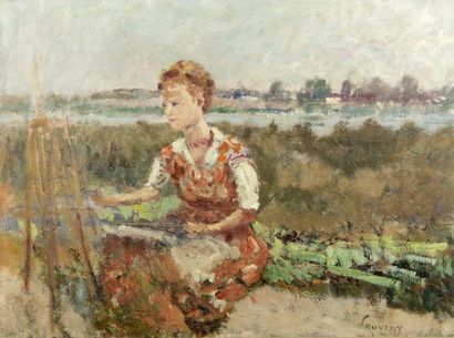 Abel LAUVRAY (1870-1950). Jeune fille peignant. Huile sur toile, signée en bas vers...