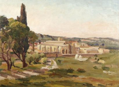 Abel LAUVRAY (1870-1950). La Chartreuse de Villeneuve. Huile sur papier marouflé...