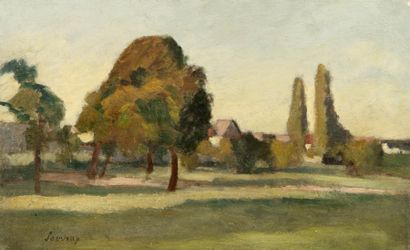 Abel LAUVRAY (1870-1950). Peupliers près de la maison du peintre. Huile sur papier...