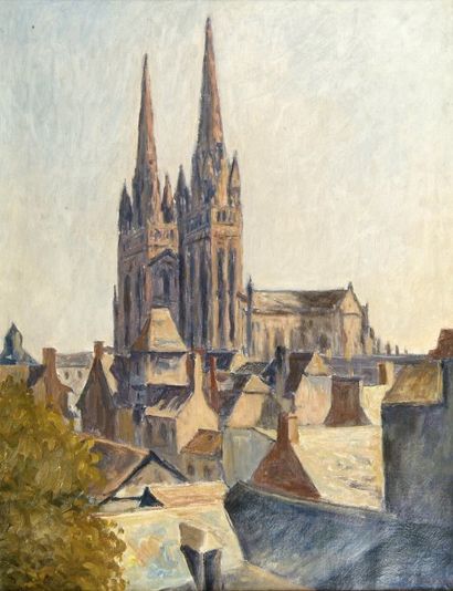 Abel LAUVRAY (1870-1950). La cathédrale de Quimper. Huile sur toile, signée en bas...