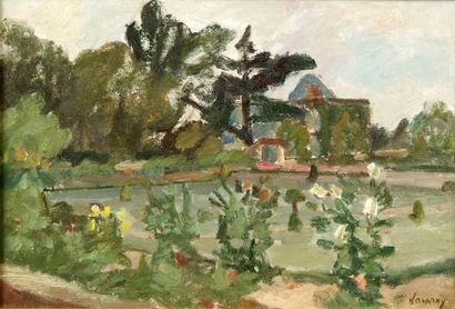 Abel LAUVRAY (1870-1950). Parc du peintre à Mantes. Huile sur papier marouflé sur...