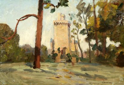 Abel LAUVRAY (1870-1950). Paysage à la tour. Huile sur papier marouflé sur toile,...