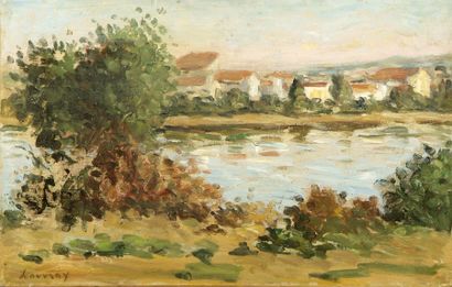 Abel LAUVRAY (1870-1950). Village au bord de l'eau. Huile sur papier marouflé sur...