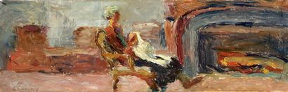 Abel LAUVRAY (1870-1950). Femme brodant devant l'âtre. Huile sur toile, signée en...