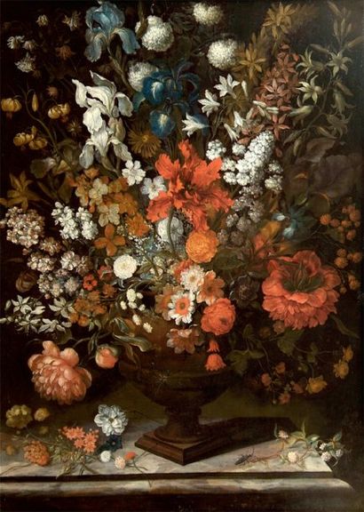 École FLAMANDE du XVIIe siècle Vase de fleurs et insectes Toile. 112,5 x 81,5 cm