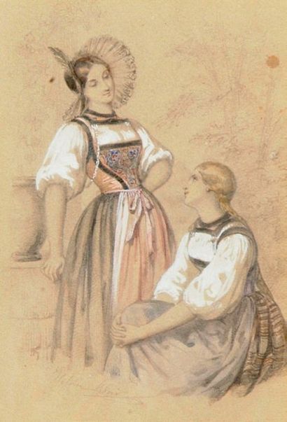 Héloïse LELOIR, née COLIN (1820-1873) Deux villageoises conversant Mine de plomb,...