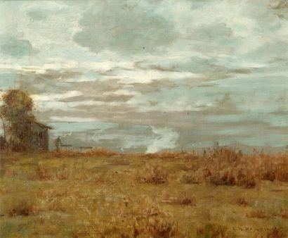 Auguste BOULARD (Paris, 1852-1927) Paysage au berger près de la rivière Huile sur...