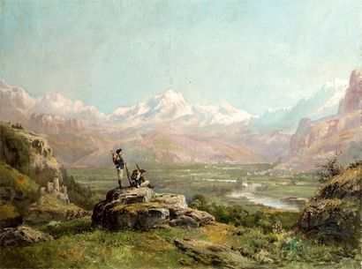 Théodore LEVIGNE (1848-1912) Chasseurs alpins en randonnée Huile sur toile. Signée...