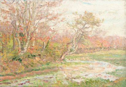 Jacinthe POZIER (1844-1915) Bord de rivière au printemps Huile sur toile. Signée...