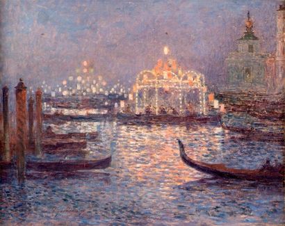 Ferdinand du PUIGAUDEAU (1864-1930) Venise, gondoles aux lampions et manège Huile...