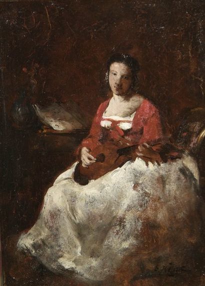 Théodule-Augustin Ribot (1823-1891) Femme à la mandoline Huile sur panneau, signée...