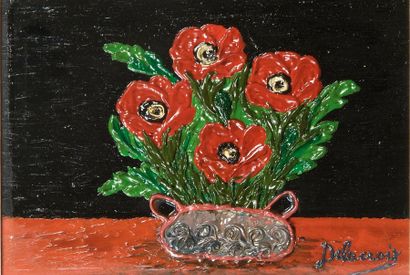 Emilienne DELACROIX (1893-1990) Vase aux quatre fleurs rouges. Huile sur carton entoilé....
