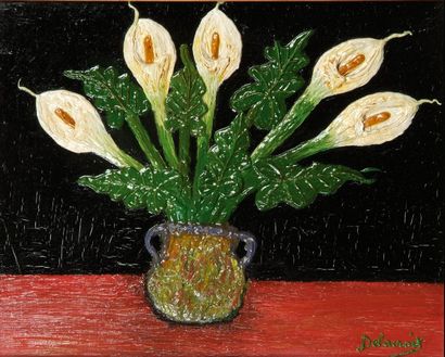 Emilienne DELACROIX (1893-1990) Vase aux arums Huile sur carton entoilé. Signée en...