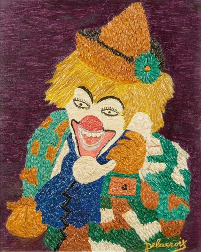 Emilienne DELACROIX (1893-1990) Clown au téléphone sur fond violet. Huile sur carton...