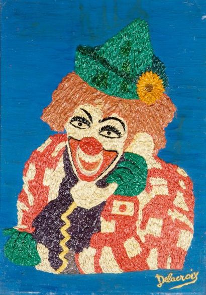 Emilienne DELACROIX (1893-1990) Clown au téléphone sur fond bleu. Huile sur carton...