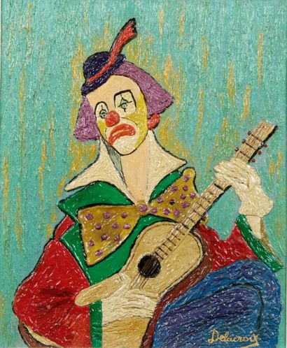Emilienne DELACROIX (1893-1990) Clown à la guitare. Huile sur toile. Signée en bas...