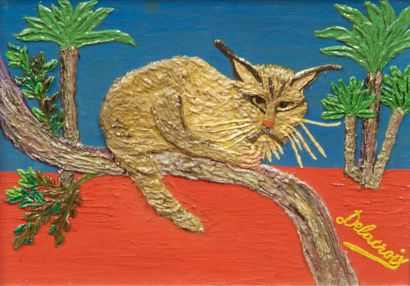 Emilienne DELACROIX (1893-1990) Le lynx. Huile sur carton entoilé. Signée en bas...