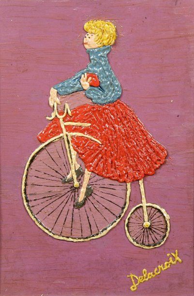 Emilienne DELACROIX (1893-1990) Femme au vélocipède. Huile sur carton entoilé. Signée...
