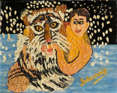 Emilienne DELACROIX (1893-1990) Au cirque: tigre et plongeur. Huile sur carton entoilé....