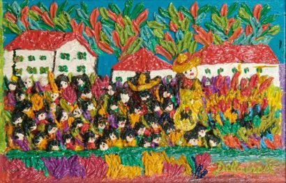 Emilienne DELACROIX (1893-1990) Bataille de fleurs à Nice. Huile sur carton entoilé....