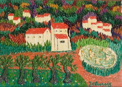 Emilienne DELACROIX (1893-1990) Village et plan d'eau avec cyprès. Huile sur carton...
