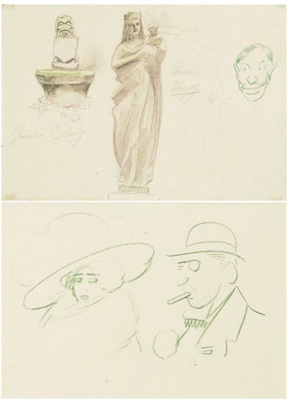 Arthur SZYK (1894-1951) [CARNET] Élégante et élégant Dessin au crayon vert sur papier....