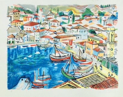 François Desnoyer (1894-1972). [Port méditerranéen]. Vers 1950. Lithographie. 530...