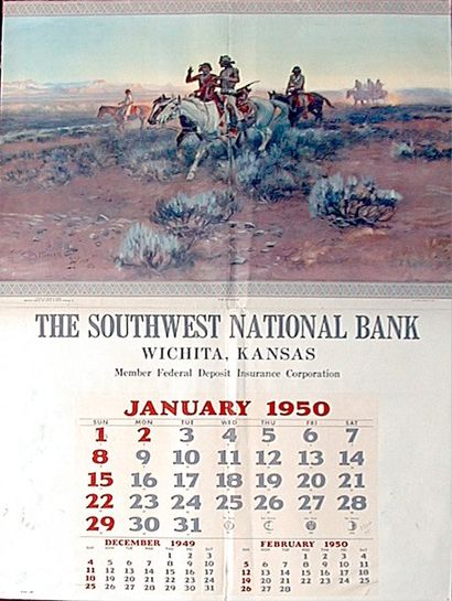 null Calendrier "The Southwest National Bank", 1950. Reproduction de Charles Russel,...