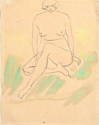 Jacqueline MARVAL (1866-1932) Nu assis Dessin à l'encre rehaussé d'aquarelle. (Pliures)....