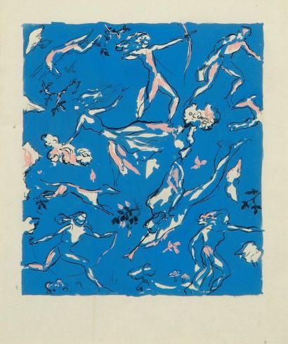 Attribué à Georges NAIDENOFF Projet de tissu, fond bleu, vers 1940 Gouache. 33,5...